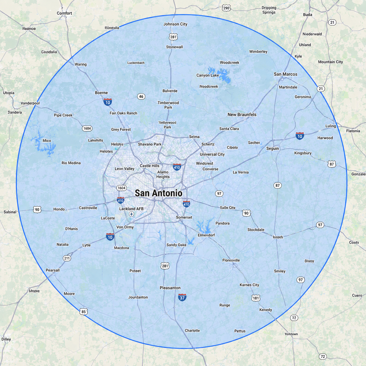 Map of the San Antonio metro area highlighting Concrete Solutions LLC service radius